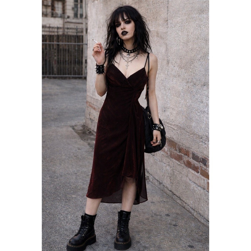 Vtg Y2K‎ Fashion Bug Black Asymmetrical Mesh Slip Dress S Gothic Fairy Grunge